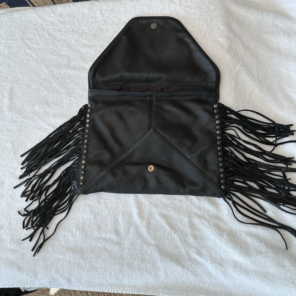 Tylie Malibu Black Leather Studded Fringe Lined Clutch Purse Magnet Close Pocket - Picture 5 of 14